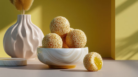 A stunning arrangement of round yellow sweets coated in sesame seeds, nestled in an elegant bowl, against a bright backdrop, showcasing modern artistry.の素材