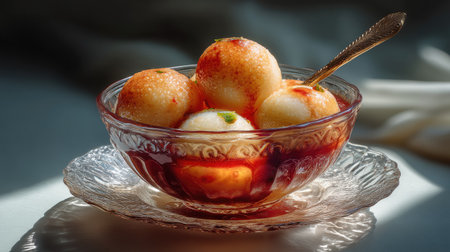 Enjoy a beautifully presented bowl of rasgulla, an iconic Indian sweet dessert, garnished with syrup and pistachios, perfect for any celebration.の素材