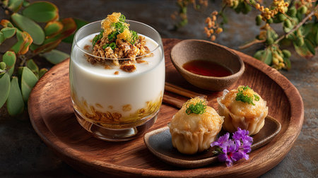 A beautifully arranged plate features creamy yogurt topped with various ingredients alongside delicious dumplings and fresh greenery, creating a delightful dining experience.の素材