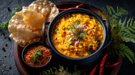 A delicious Indian lentil dish garnished with herbs and spices, served with crispy papadum, showcasing vibrant colors and rich textures on a wooden platter.の素材