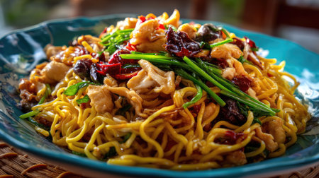 A vibrant plate of stir-fried noodles featuring tender chicken and fresh vegetables, showcasing an inviting and appetizing meal perfect for any occasion.の素材