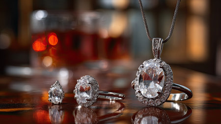 This exquisite collection features elegant diamond jewelry, including a ring, a pendant, and earrings, beautifully displayed on a wooden surface with a soft, blurred background.の素材