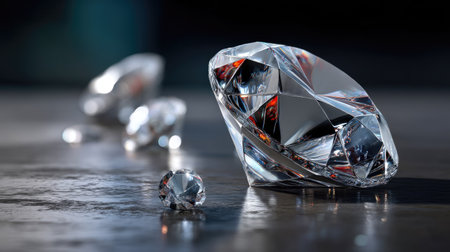 This stunning still life captures the intricate beauty of radiant crystal diamonds, reflecting light and elegance on a dark surface, evoking luxury and richness.の素材