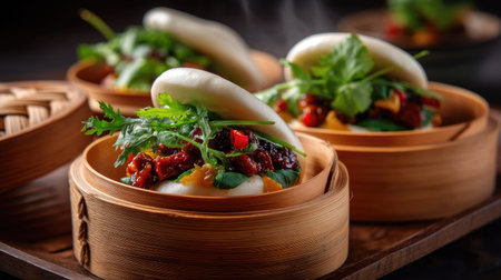 Indulge in a delightful culinary experience with these steamed buns filled with savory meat and topped with vibrant fresh herbs, beautifully presented in a bamboo steamer.の素材