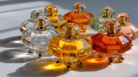 This artistic arrangement features a stunning collection of colorful glass perfume bottles, showcasing a blend of elegance and beauty under sunlight.の素材
