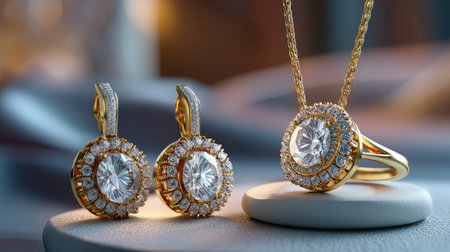 A stunning jewelry set showcasing elegant gold earrings and a matching necklace adorned with sparkling diamonds. Perfect for special occasions or gifting, this exquisite arrangement highlights luxury and sophistication against a soft and inviting background.の素材