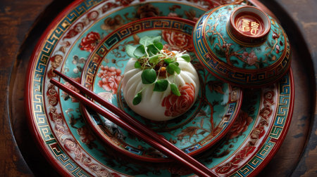 This beautiful display features ornate Oriental tableware with intricate floral designs, paired with chopsticks, perfect for an elegant dining experience.の素材