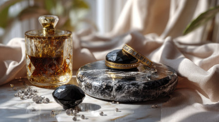 A stunning arrangement of crystal objects and vintage glassware rests on soft fabric, beautifully illuminated by natural light, creating an atmosphere of elegance and luxury.の素材