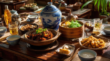 Experience a vibrant traditional dining atmosphere featuring an array of authentic Asian dishes on a beautifully set wooden table, celebrating culinary heritage.の素材