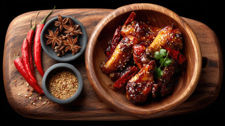 This vibrant image showcases a serving of spicy chicken wings garnished with fresh herbs and various seasonings, perfect for any culinary occasion.の素材