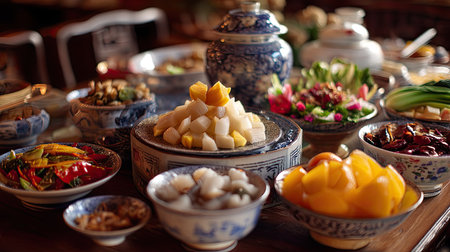A stunning display of vibrant Asian cuisine featuring an array of fresh ingredients and traditional dishes artfully arranged on a beautifully set table.の素材