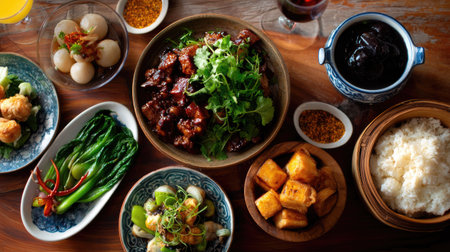 A vibrant spread of Asian cuisine featuring a variety of dishes, fresh ingredients, and artistic presentation on a rustic wooden table. Perfect for showcasing culinary delights.の素材