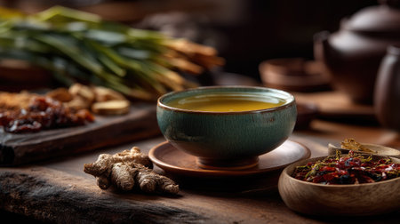 Experience the essence of traditional herbal tea preparation with fresh ingredients and rustic kitchenware. The warm ambiance and vibrant colors create a cozy atmosphere, showcasing the timeless art of brewing soothing beverages.の素材