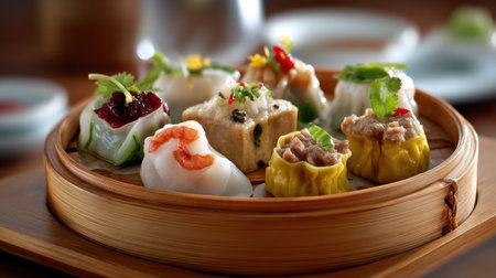 A beautifully arranged selection of assorted dim sum in a bamboo steamer, showcasing vibrant colors and fresh herbs. Perfect for food lovers and culinary enthusiasts.の素材