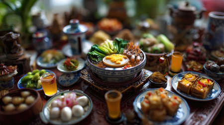 A vibrant display of an exquisite Asian feast featuring an array of traditional dishes, colorful vegetables, and delightful drinks, perfect for a festive gathering.の素材