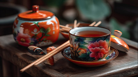 A stunning ceramic tea set featuring colorful floral designs is elegantly arranged on a wooden table, surrounded by tea accessories, evoking a sense of beauty and tranquility.の素材