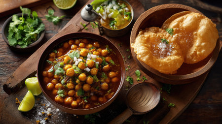 A vibrant bowl of chickpea curry served with crispy puri, fresh lime, and coriander, creating a delightful and authentic experience of Indian cuisine.の素材