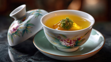 Discover this magnificent tea cup featuring a delicate floral design, elegantly paired with fresh green herbs. Perfect for enhancing your tea experience.の素材
