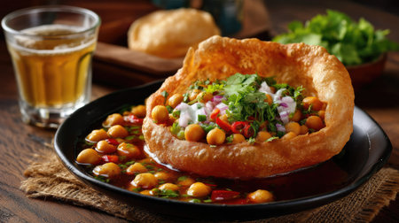 A delightful display of Indian cuisine featuring crispy puris filled with spicy chickpeas and topped with fresh herbs, served on a rustic wooden table.の素材