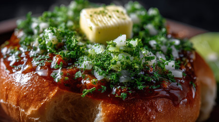 This close-up image showcases a savory bread roll adorned with fresh herbs, chopped onion, butter, and rich sauce, perfect for any meal or snack.の素材