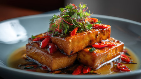 A beautifully presented vegetarian dish featuring crispy tofu topped with fresh herbs and vibrant red chilies, served in a savory sauce. Perfect for food lovers!の素材