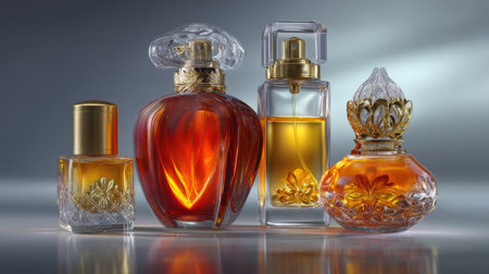 A captivating arrangement of four stunning perfume bottles showcasing intricate designs and colors, perfect for beauty and fragrance-themed projects.の素材