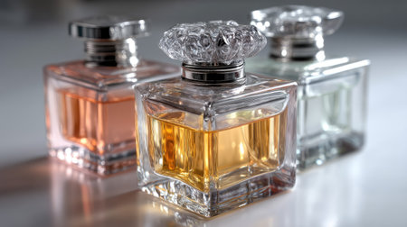 A stunning trio of elegant glass perfume bottles, showcasing colorful fragrances in soft light. Perfect for beauty and fashion themes, highlighting luxury and design.の素材