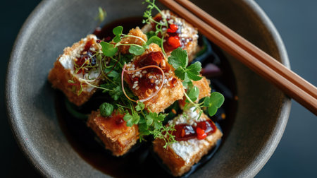 A stunning presentation of crispy fried tofu cubes garnished with fresh herbs and drizzled with a flavorful sweet sauce in a rustic bowl.の素材