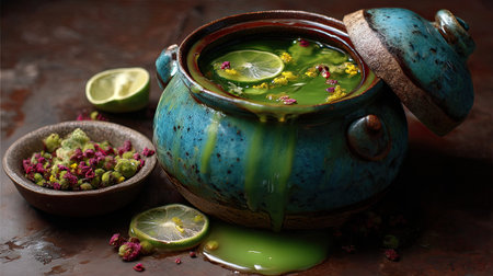 A colorful green herbal soup presented in a beautiful decorative bowl with fresh lime slices and floral garnish, set on a rustic background for an appealing look.の素材