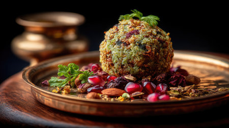 This beautifully crafted Indian dessert features a round ball of flavors, garnished with pomegranate seeds and nuts, showcased on an ornate plate.の素材