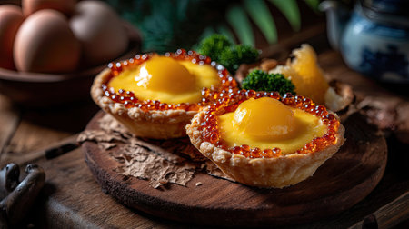 Indulge in a beautifully crafted pastry tart featuring a bright egg yolk and sweet spheres. Perfect for gourmet cooking, this delightful dessert is a feast for the eyes.の素材