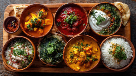 A vibrant assortment of Indian dishes displayed on a wooden platter, showcasing spices and flavors that invite sharing and enjoyment. Perfect for culinary exploration.の素材