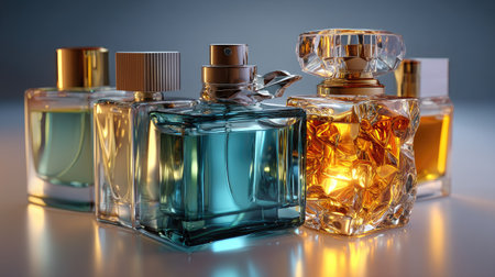 A stunning display of sophisticated perfume bottles featuring various shapes and colors, set in soft lighting to highlight their elegance and beauty.の素材