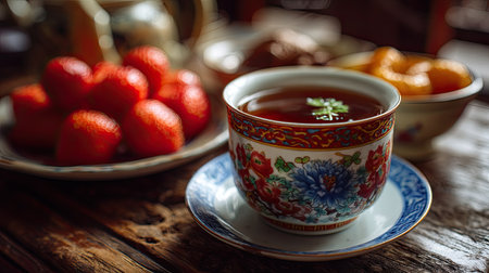 A beautifully arranged tea setting featuring a delicate cup of tea, fresh strawberries, and sweet oranges on a rustic wooden table. The vibrant colors and traditional pottery create a serene atmosphere, ideal for relaxation and enjoyment.の素材