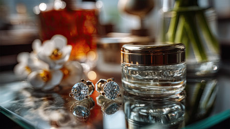 A beautifully arranged still life featuring sparkling earrings beside an elegant glass container, with delicate floral touches, creating a luxurious ambiance.の素材