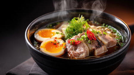 A mouthwatering bowl of ramen features tender pork, soft boiled egg, and fresh herbs, perfect for food lovers seeking Asian cuisine inspiration.の素材