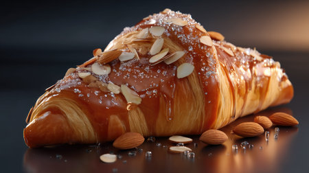 A beautifully crafted caramel almond croissant is showcased on a dark surface, glistening with sugar crystals and complemented by sliced almonds, perfect for indulgence.の素材