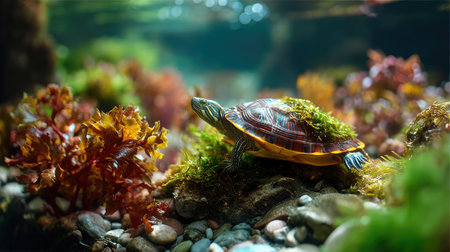 A stunning representation of a colorful freshwater turtle navigating through a vibrant aquatic habitat filled with lush plants and pebbles.の素材
