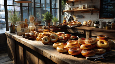 A charming bakery scene showcasing a variety of freshly baked bagels and pastries. The warm natural light enhances the inviting atmosphere, perfect for food lovers.の素材