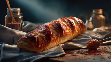 A beautifully crafted pastry rests on a rustic wooden table, enhanced by sauces and ingredients, evoking warmth and homemade goodness in a kitchen setting.の素材