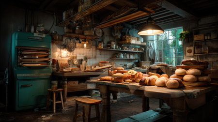 This charming bakery interior showcases an array of freshly baked bread on a wooden table, surrounded by vintage equipment and warm lighting.の素材