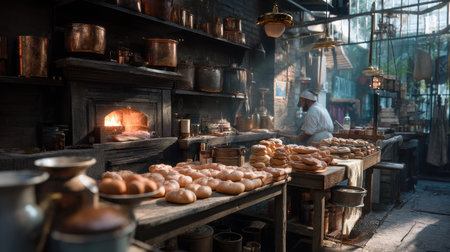This captivating bakery scene showcases an array of freshly baked bread in a rustic kitchen filled with warm light and traditional cooking tools.の素材