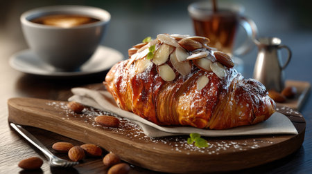 Enjoy a beautifully styled almond croissant with a side of rich coffee, perfect for breakfast or brunch settings, showcasing a delightful culinary experience.の素材