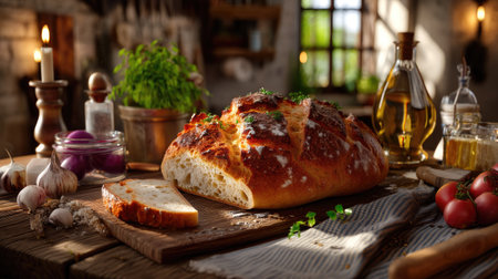 A beautifully captured artisan bread loaf sits on a rustic wooden table in a cozy kitchen. Olive oil, garlic, and fresh tomatoes surround the loaf, creating an inviting atmosphere perfect for cooking enthusiasts.の素材