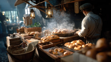 A cozy artisan bakery scene featuring a skilled chef preparing fresh bread and pastries. The warm ambiance invites a sense of culinary tradition and craftsmanship.の素材