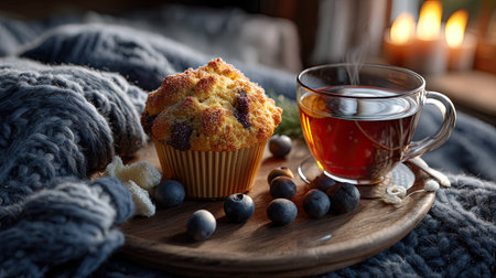 A warm and inviting scene featuring a delicious muffin garnished with blueberries, paired with a steaming cup of tea on a cozy blanket.の素材