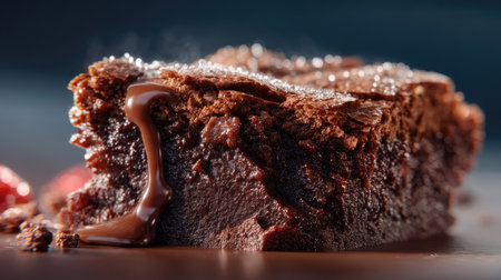 A close-up view of a sumptuous chocolate brownie, showcasing its rich, gooey texture and melting chocolate drizzle. Perfect for dessert lovers seeking indulgence.の素材
