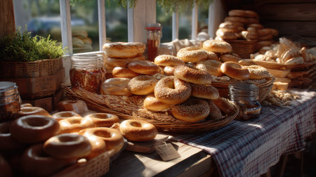 An inviting display of freshly baked bagels showcased in a rustic bakery, bathed in natural light, creates a warm and cozy atmosphere for guests.の素材