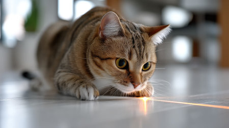 A playful tabby cat demonstrates its natural hunting instincts while engaging with a laser pointer spot on a bright floor, showcasing curiosity and agility.の素材