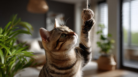 A charming domestic cat plays with a string toy in a stylish living room, showcasing feline curiosity and joy in a warm, serene environment.の素材